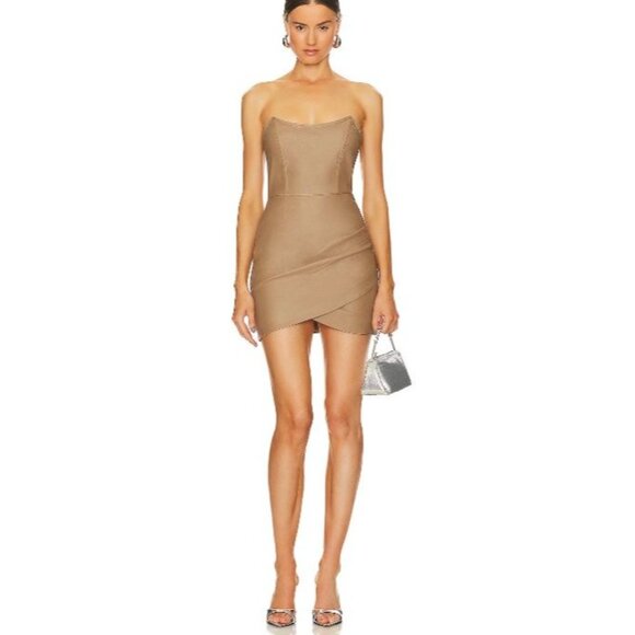 NWT Retrofete James Coated Tannin Strapless Faux Leather Neutral Mini Dress-sz L - Picture 1 of 10